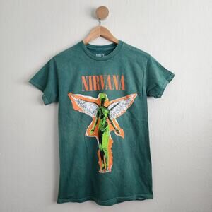 NIRVANA Green Acid Wash Distressed Graphic T-Shirt Unisex S Grunge